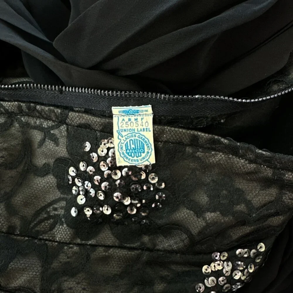 Vintage Black Lace Sequin Floral Draped Scarf Wiggle Sheath Dress Retro 36